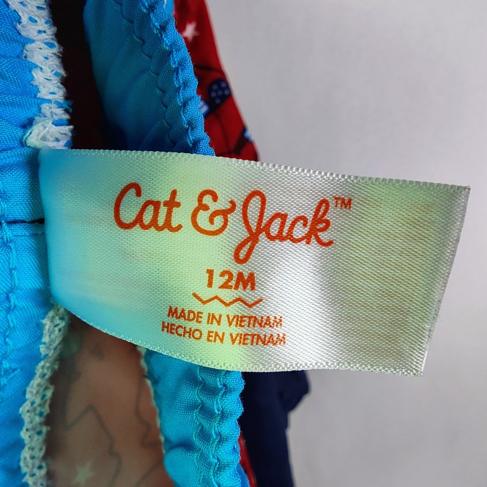 Cat & Jack Boys Shark‎ Swim Trunks Red White Blue Mesh Lining 12M - Picture 4 of 5